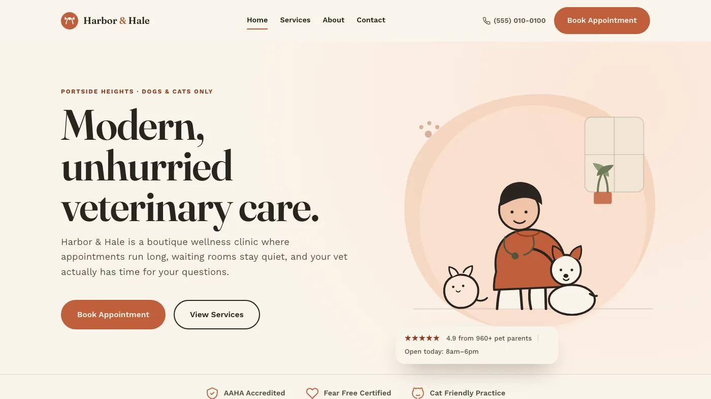 Harbor & Hale Veterinary Co. homepage — "Modern, unhurried veterinary care" headline with Book Appointment and View Services buttons